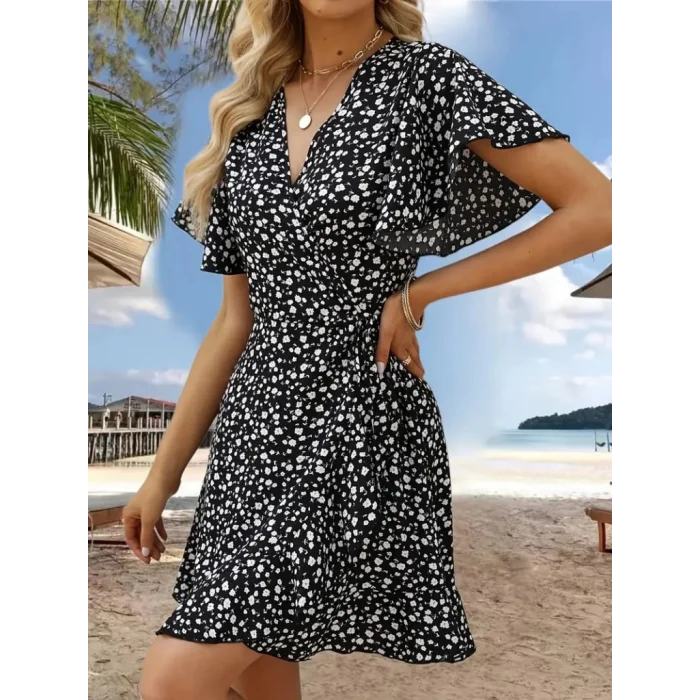 Kadın Kısa Kollu Kolu Ve Eteği Volanlı Fırfırlı çiçek Desenli Mini Elbise