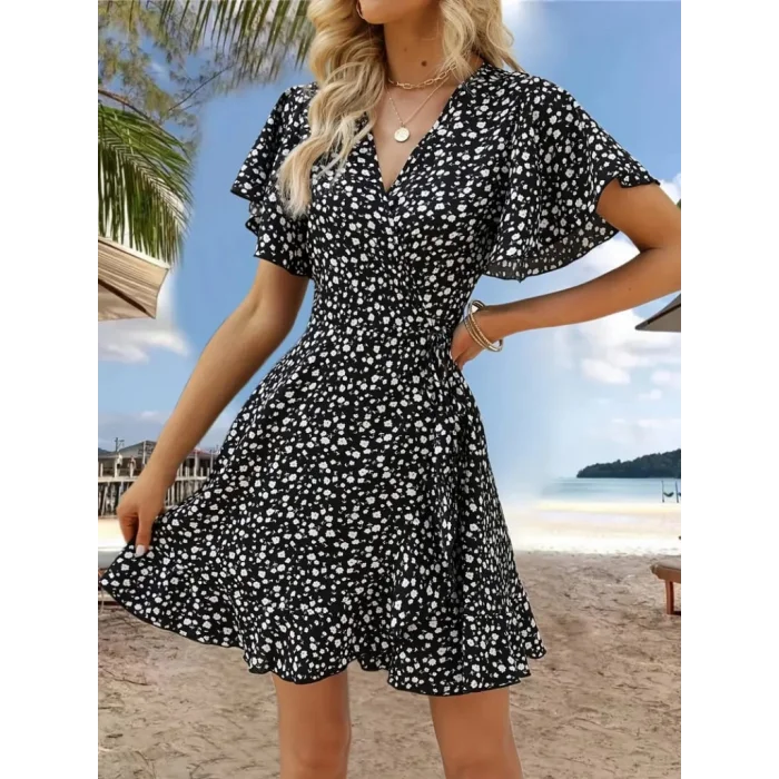 Kadın Kısa Kollu Kolu Ve Eteği Volanlı Fırfırlı çiçek Desenli Mini Elbise
