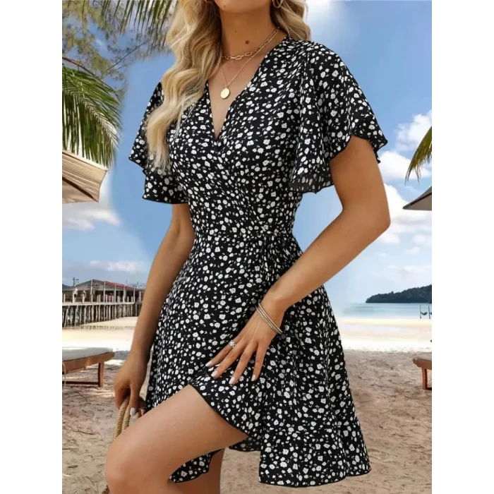 Kadın Kısa Kollu Kolu Ve Eteği Volanlı Fırfırlı çiçek Desenli Mini Elbise