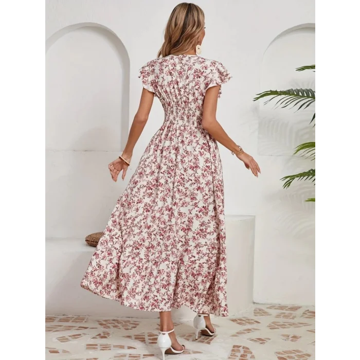 Kadın Kısa Kollu Kruvaze Yaka Beli Lastikli çiçek Desenli Elbise