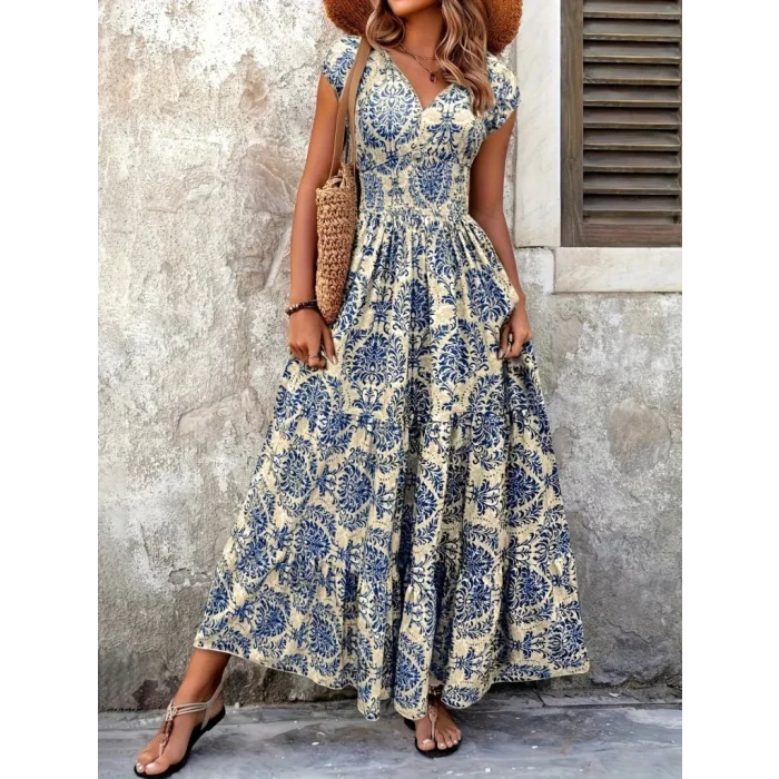 Kadın Kısa Kollu Kruvaze Yaka Beli Lastikli Süprem Maksi Boy Elbise