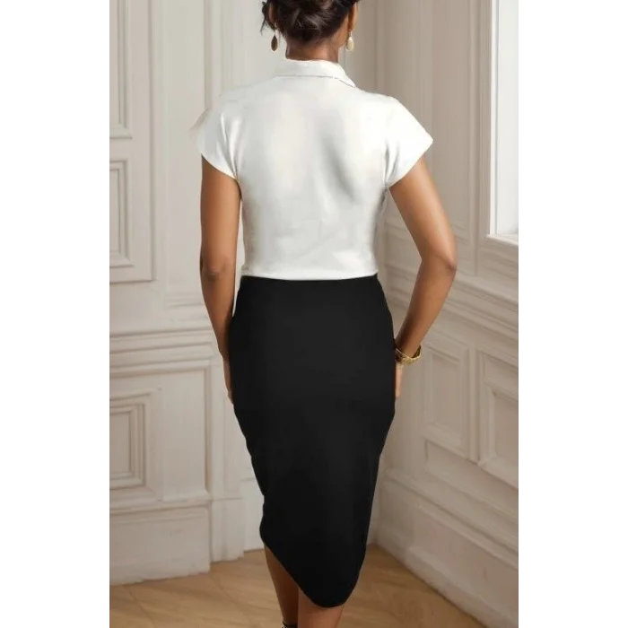 Kadın Kısa Kollu Kruvaze Yaka Krep Elbise (Kemersiz)