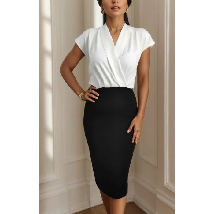 Kadın Kısa Kollu Kruvaze Yaka Krep Elbise (Kemersiz)