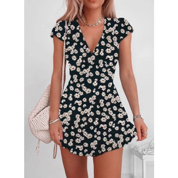 Kadın Kısa Kollu Kruvaze Yaka Papatya Baskılı Krep Elbise