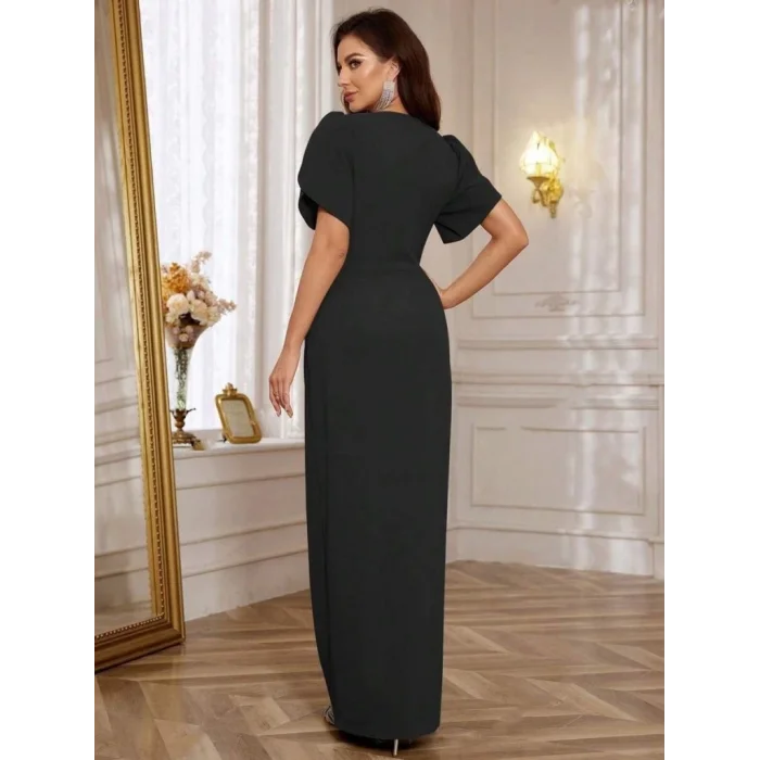 Kadın Kısa Kollu Kruvaze Yakalı Belden çiçek Aksesuarlı Yırtmaçlı Ithal Krep Elbise