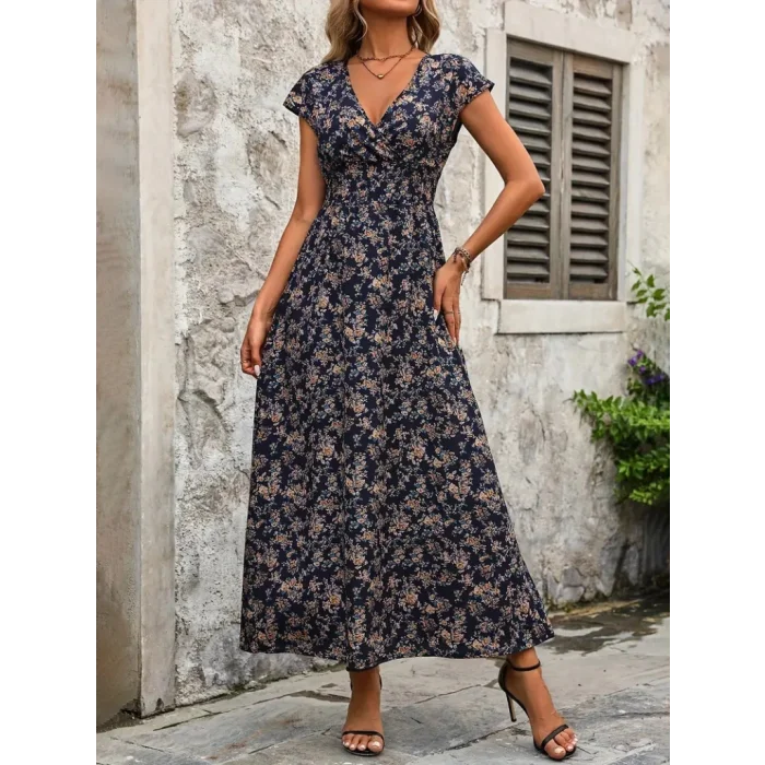 Kadın Kısa Kollu Kruvaze Yakalı çiçek Desenli Belden Lastikli Süprem Uzun Elbise