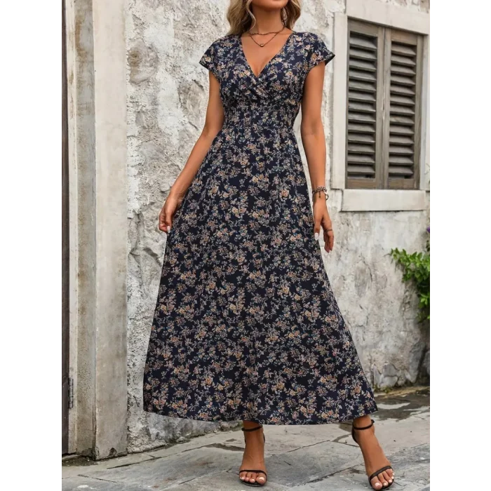 Kadın Kısa Kollu Kruvaze Yakalı çiçek Desenli Belden Lastikli Süprem Uzun Elbise