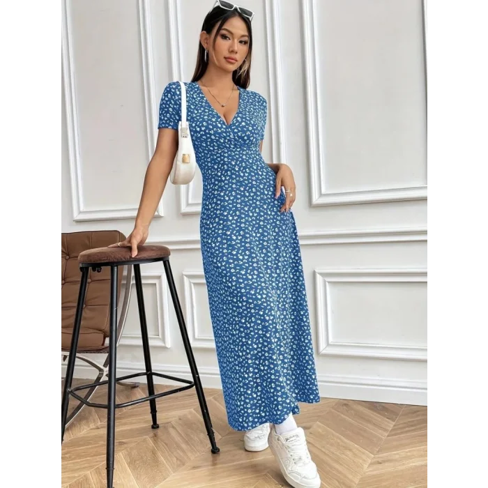 Kadın Kısa Kollu Kruvaze Yakalı çiçek Desenli Süprem Elbise