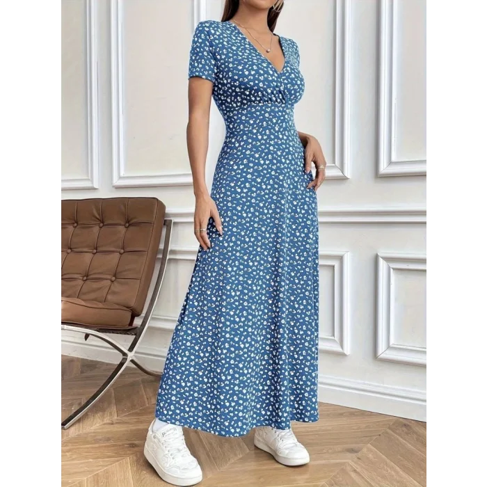 Kadın Kısa Kollu Kruvaze Yakalı çiçek Desenli Süprem Elbise