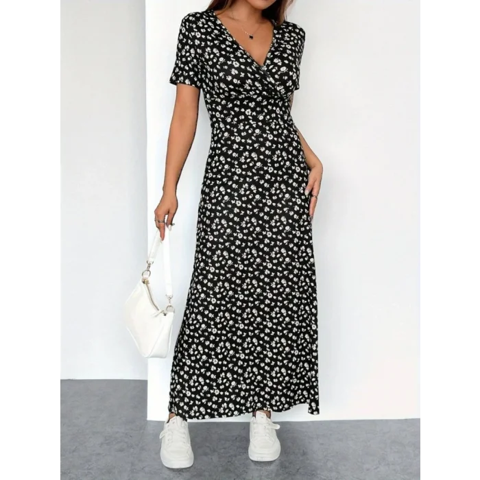 Kadın Kısa Kollu Kruvaze Yakalı çiçek Desenli Süprem Elbise