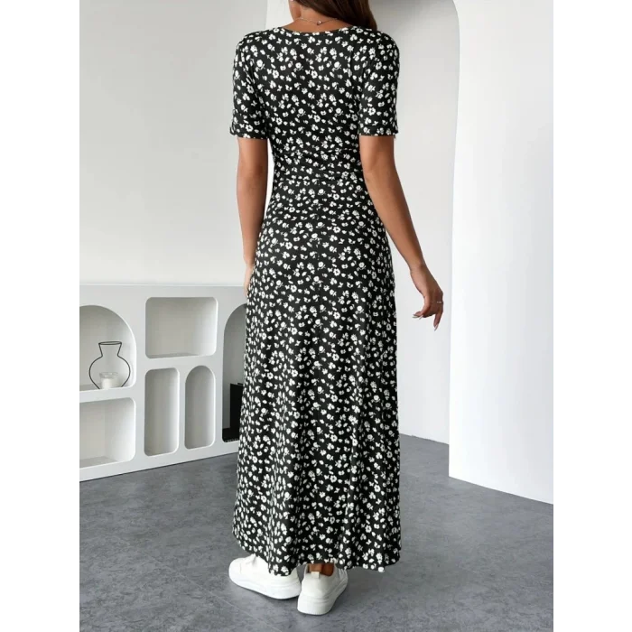 Kadın Kısa Kollu Kruvaze Yakalı çiçek Desenli Süprem Elbise