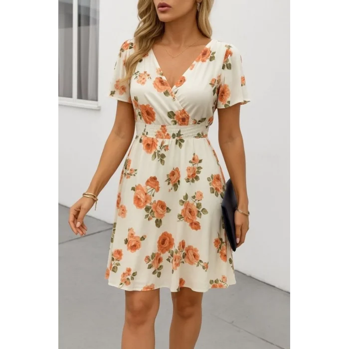 Kadın Kısa Kollu Kruvaze Yakalı Desenli Süprem Kısa Elbise