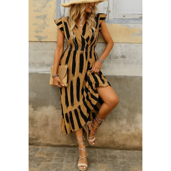 Kadın Kısa Kollu Kruvaze Yakalı Fırfırlı Süprem Elbise