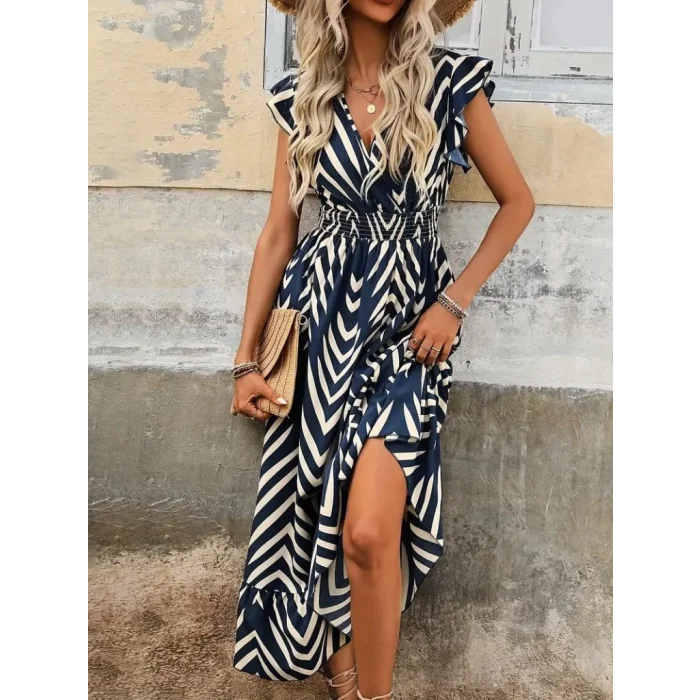 Kadın Kısa Kollu Kruvaze Yakalı Fırfırlı Süprem Elbise