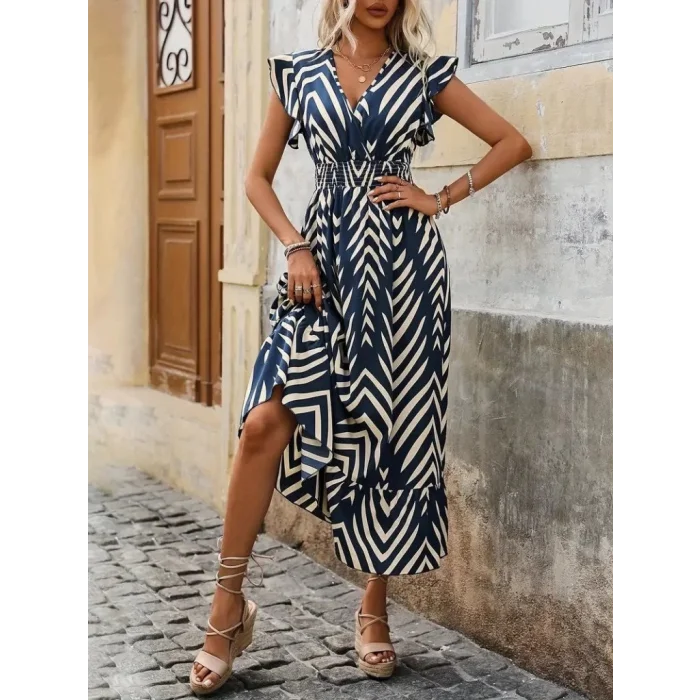 Kadın Kısa Kollu Kruvaze Yakalı Fırfırlı Süprem Elbise