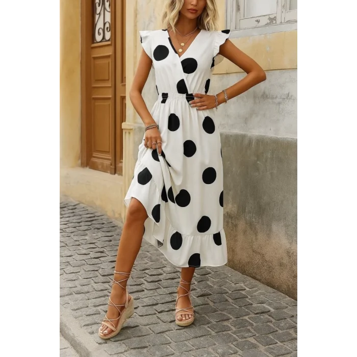 Kadın Kısa Kollu Kruvaze Yakalı Fırfırlı Süprem Elbise