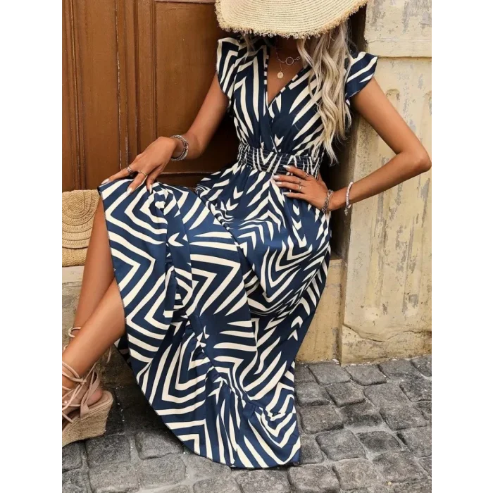 Kadın Kısa Kollu Kruvaze Yakalı Fırfırlı Süprem Elbise