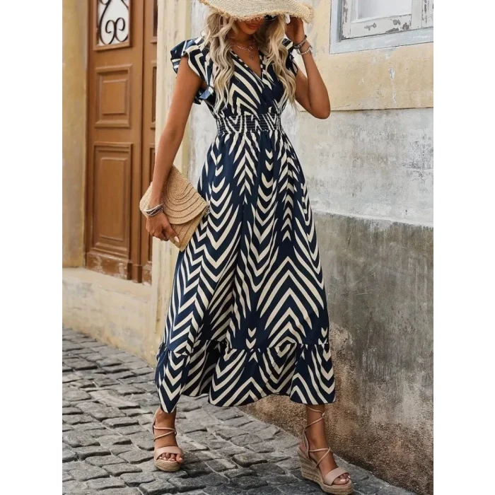 Kadın Kısa Kollu Kruvaze Yakalı Fırfırlı Süprem Elbise