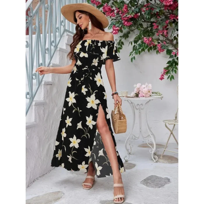 Kadın Kısa Kollu Madonna Yaka Fırfırlı Belden Yırtmaçlı Maksi örme Krep Elbise