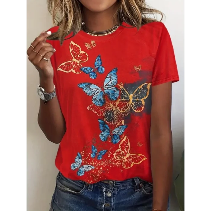 Kadın Kısa Kollu Mavi Sarı Kelebek Baskı Süprem Bluz