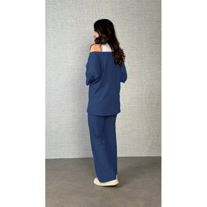 Kadın Kısa Kollu Omuzlardan Açık Yarasa Kollu Bürümcük Bluz Ve Pantolon Ve Viskon Atlet