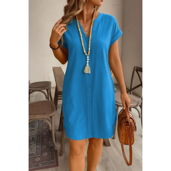 Kadın Kısa Kollu önden Düğmeli Ithal Keten Elbise