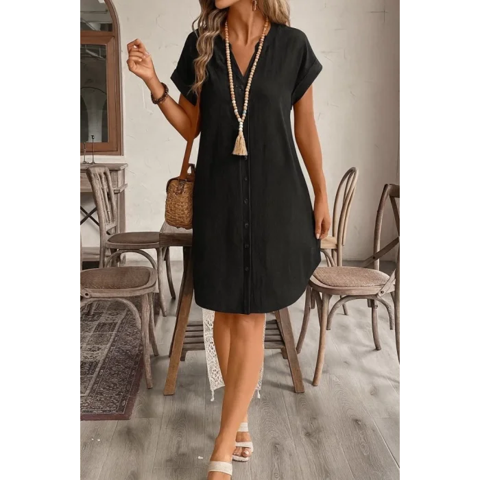 Kadın Kısa Kollu önden Düğmeli Ithal Keten Elbise