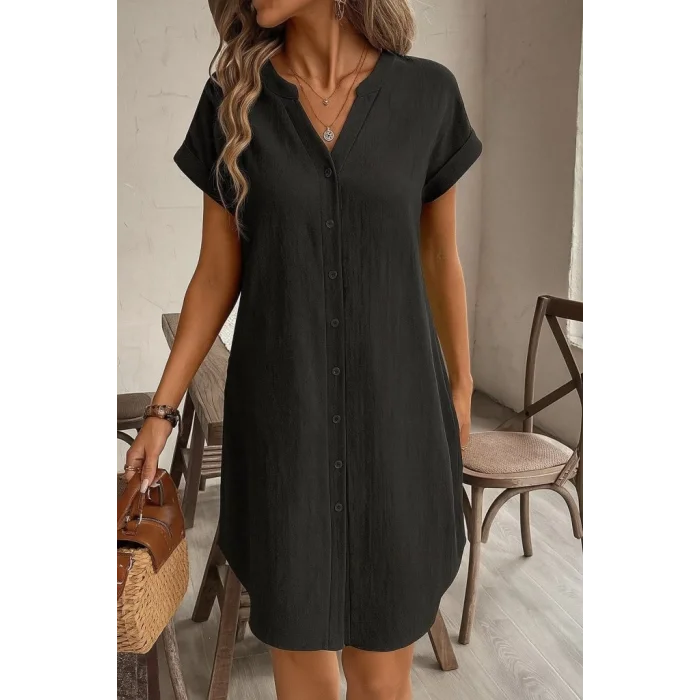 Kadın Kısa Kollu önden Düğmeli Ithal Keten Elbise