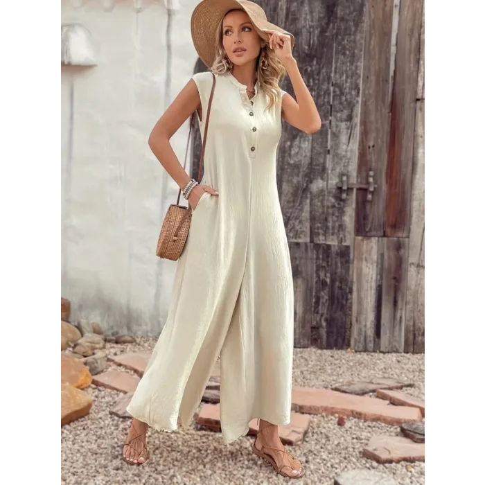 Kadın Kısa Kollu önden Düğmeli Paçaya Doğru Geniş Cepli Uzun Bürümcük Tulum