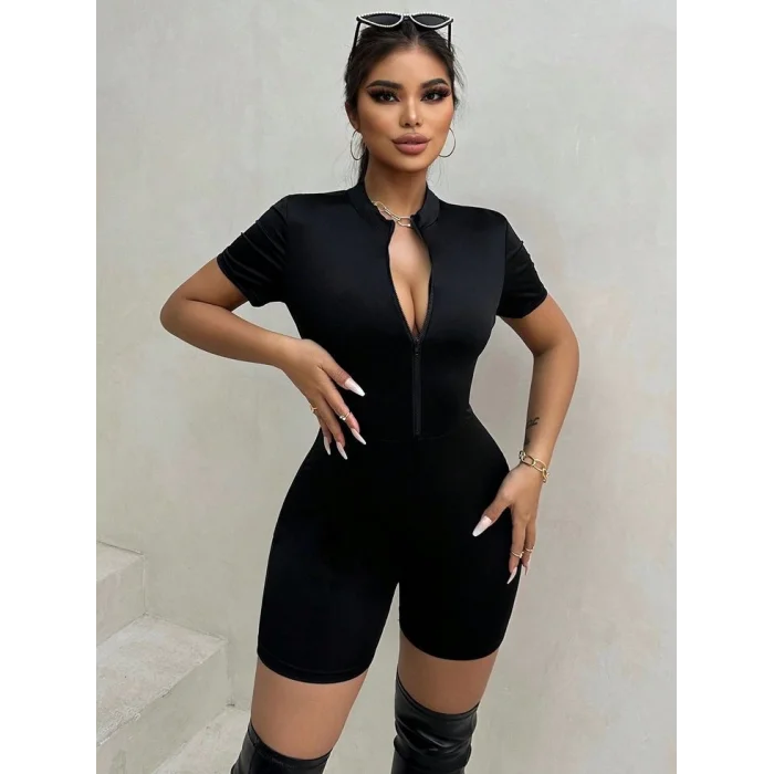 Kadın Kısa Kollu önü Fermuarlı Bodycon Dalgıç Tulum