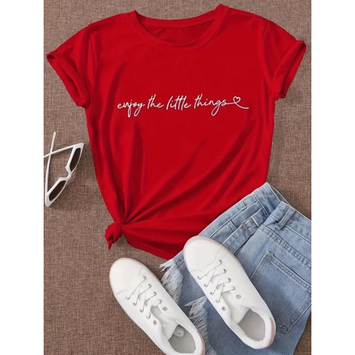 Kadın Kısa Kollu önü Yazı Baskılı Basic Süprem Bluz