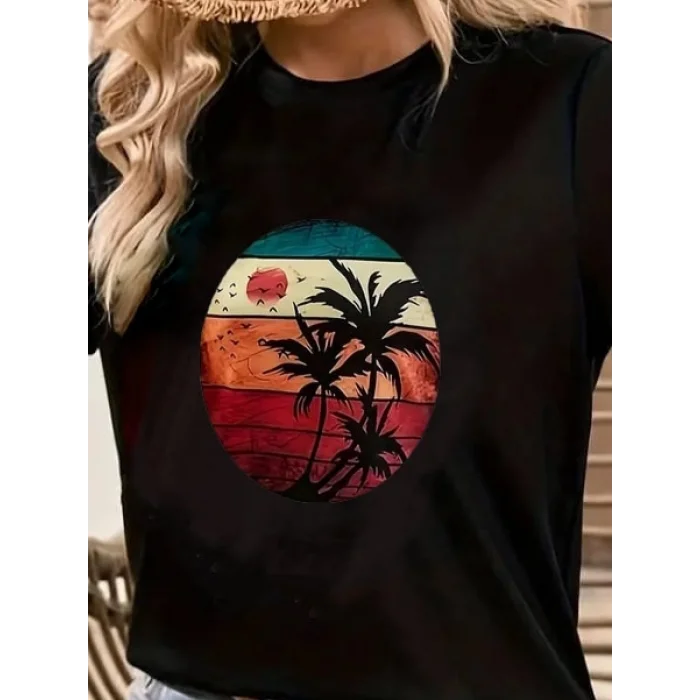 Kadın Kısa Kollu Palmiye Baskılı Viskon T-shirt