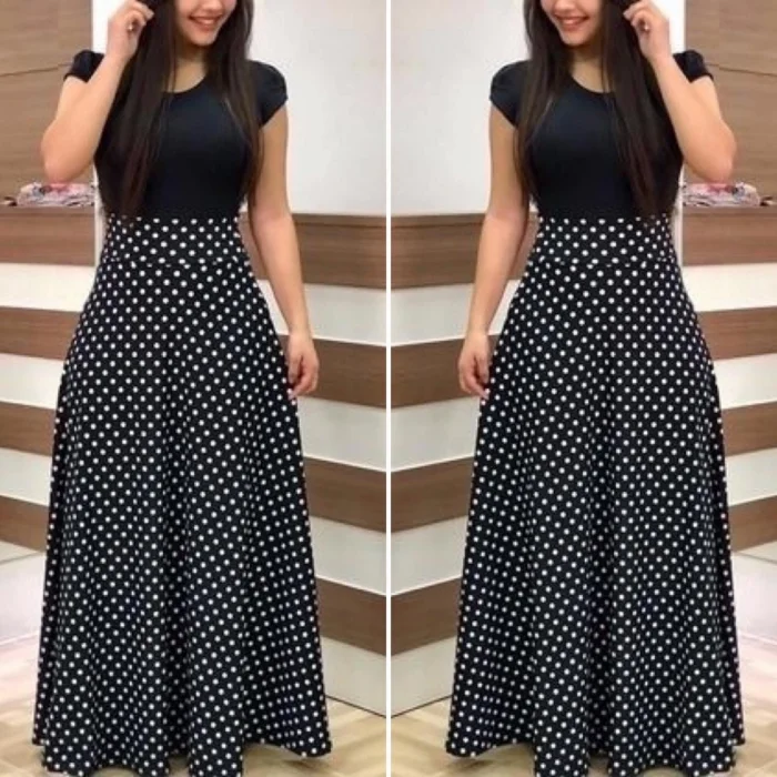 Kadın Kısa Kollu Puan Desen Tam Boy Krep Elbise