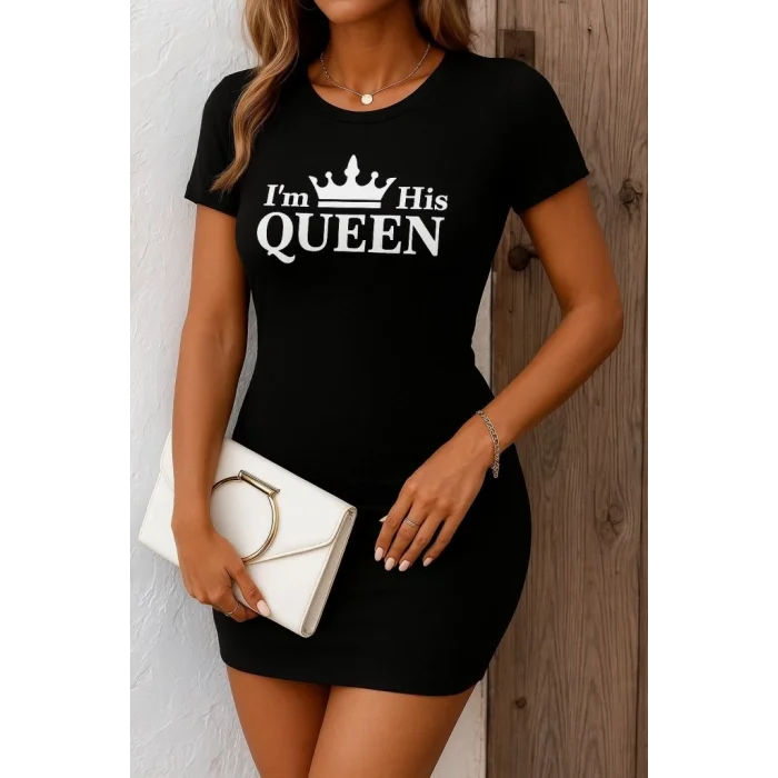 Kadın Kısa Kollu Queen Baskı Iki Iplik Mini Elbise