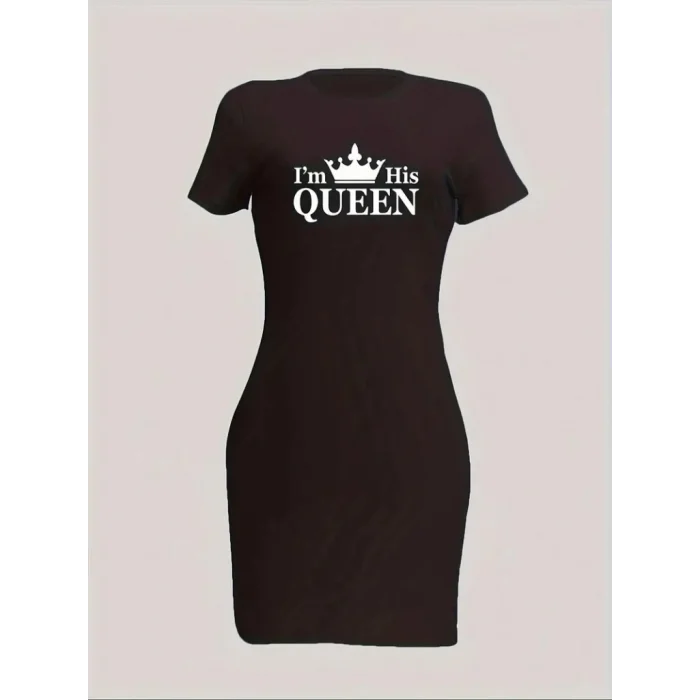 Kadın Kısa Kollu Queen Baskı Iki Iplik Mini Elbise