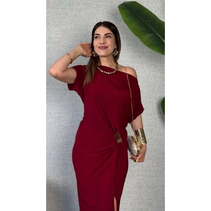 Kadın Kısa Kollu Tek Omuzdan Açık Beli Lastikli Sandy Maxi Elbise