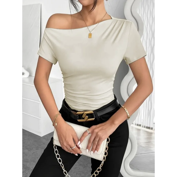 Kadın Kısa Kollu Tek Omuzu Açık Büzgülü Viskon Bluz