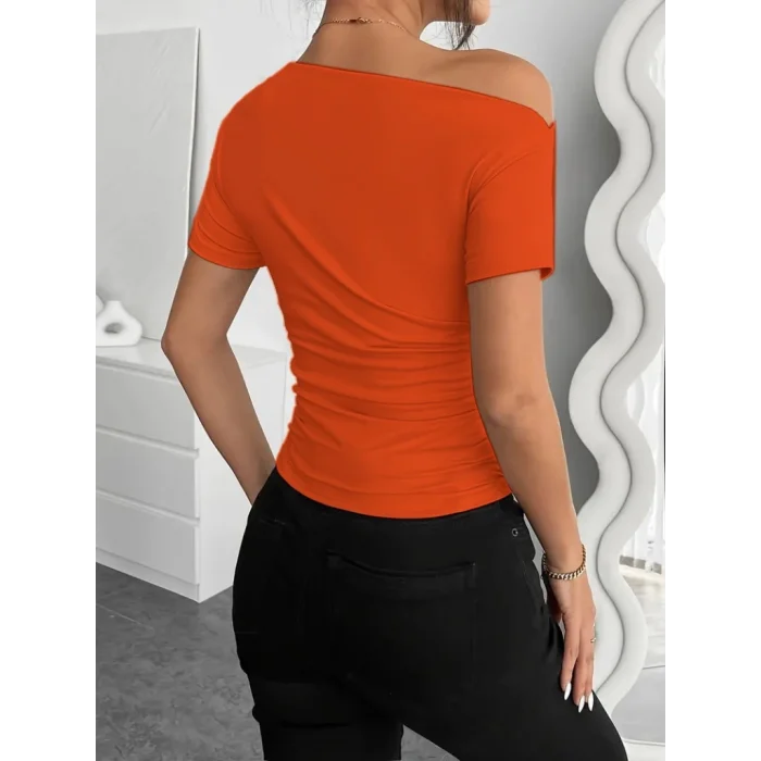 Kadın Kısa Kollu Tek Omuzu Açık Büzgülü Viskon Bluz