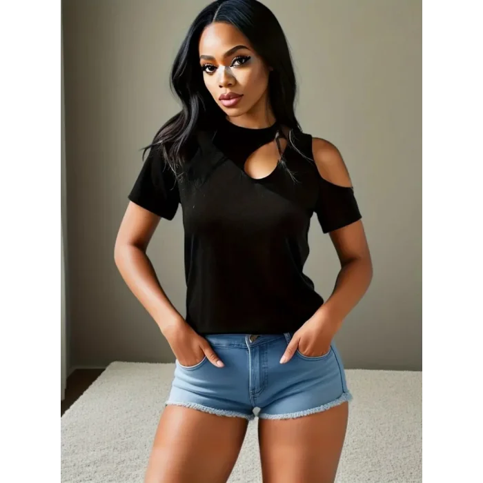 Kadın Kısa Kollu Tek Omuzu Açık Damla Detaylı Viskon Bluz