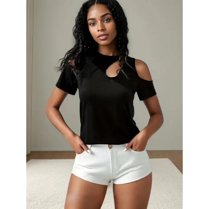 Kadın Kısa Kollu Tek Omuzu Açık Damla Detaylı Viskon Bluz