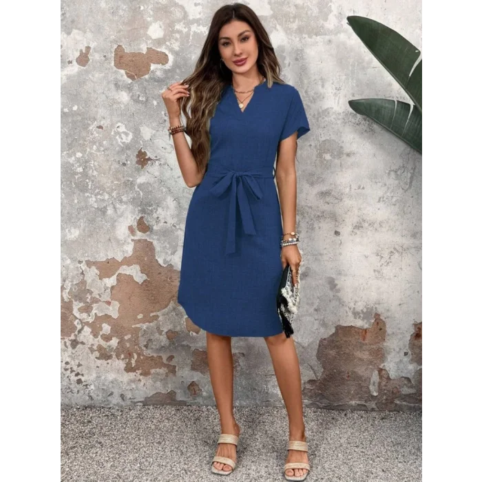Kadın Kısa Kollu V Hakim Yaka Belden Kuşaklı Valencia Elbise