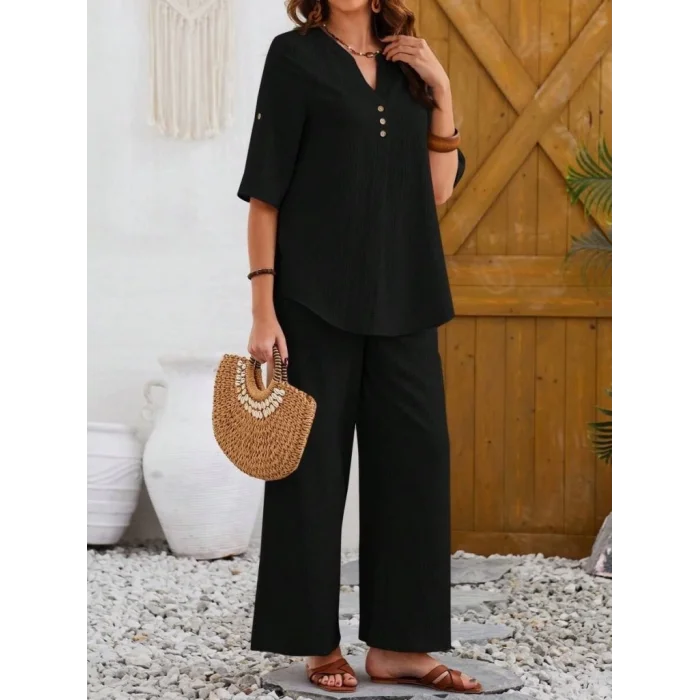 Kadın Kısa Kollu V Hakim Yaka Düğmeli Bürümcük Bluz Ve Pantolon Ikili Takım