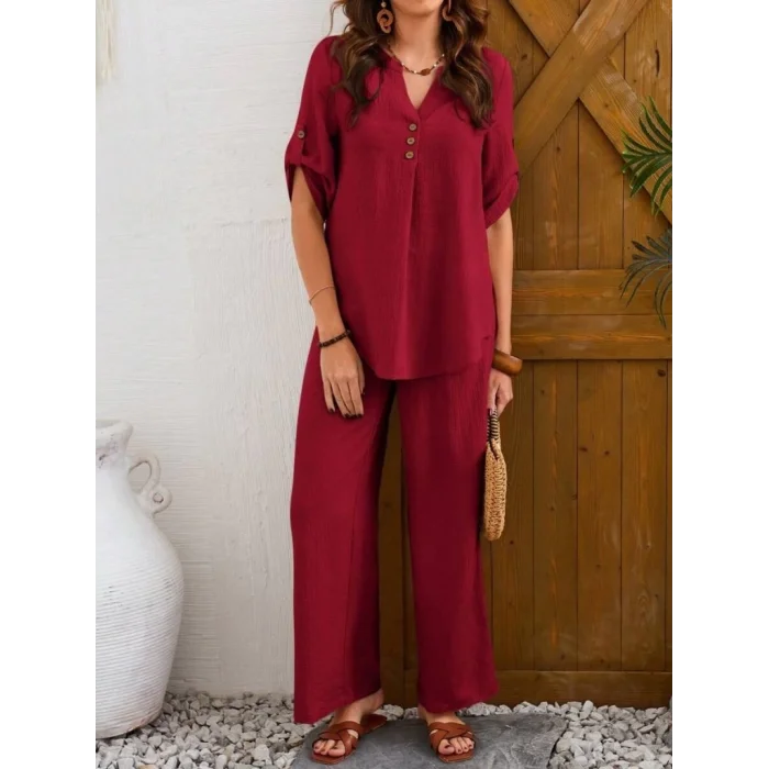 Kadın Kısa Kollu V Hakim Yaka Düğmeli Bürümcük Bluz Ve Pantolon Ikili Takım