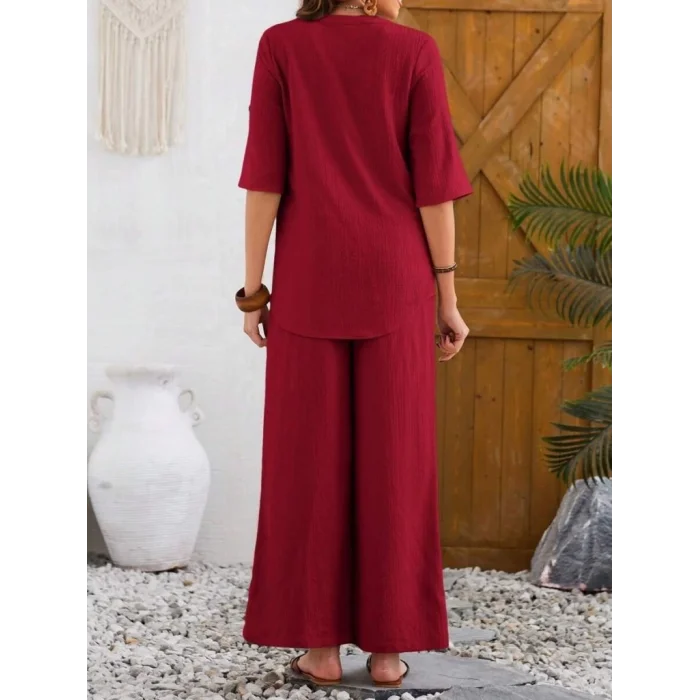 Kadın Kısa Kollu V Hakim Yaka Düğmeli Bürümcük Bluz Ve Pantolon Ikili Takım