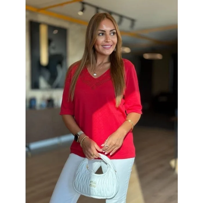 Kadın Kısa Kollu V Yaka Ajurlu Triko BluZ