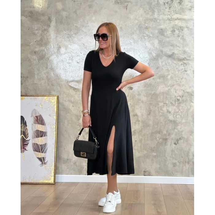 Kadın Kısa Kollu V Yaka Maxi Boy Elbise 124 Cm