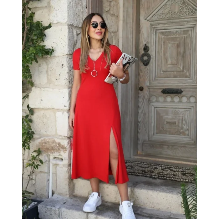 Kadın Kısa Kollu V Yaka Maxi Boy Elbise 124 Cm