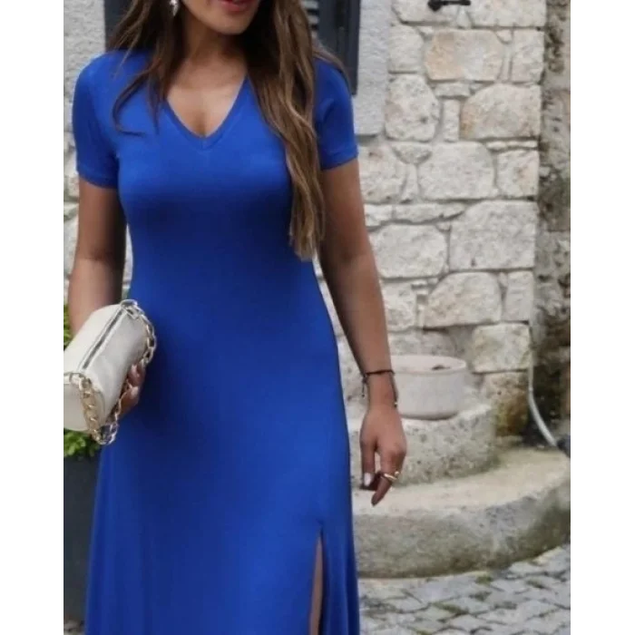 Kadın Kısa Kollu V Yaka Maxi Boy Elbise 124 Cm