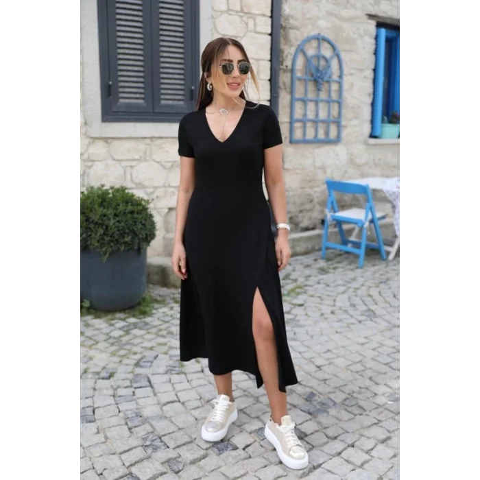 Kadın Kısa Kollu V Yaka Maxi Boy Elbise 124 Cm