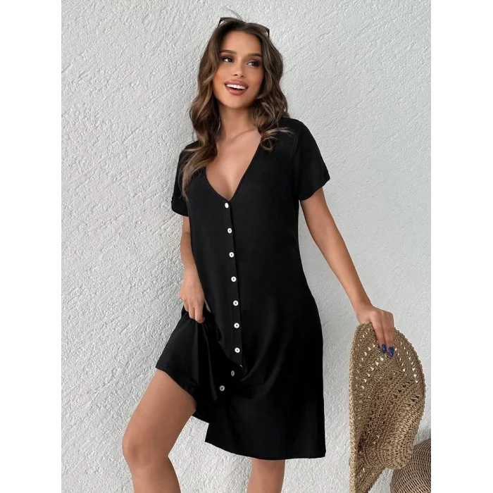 Kadın Kısa Kollu V Yaka önü Düğmeli Viskon Elbise